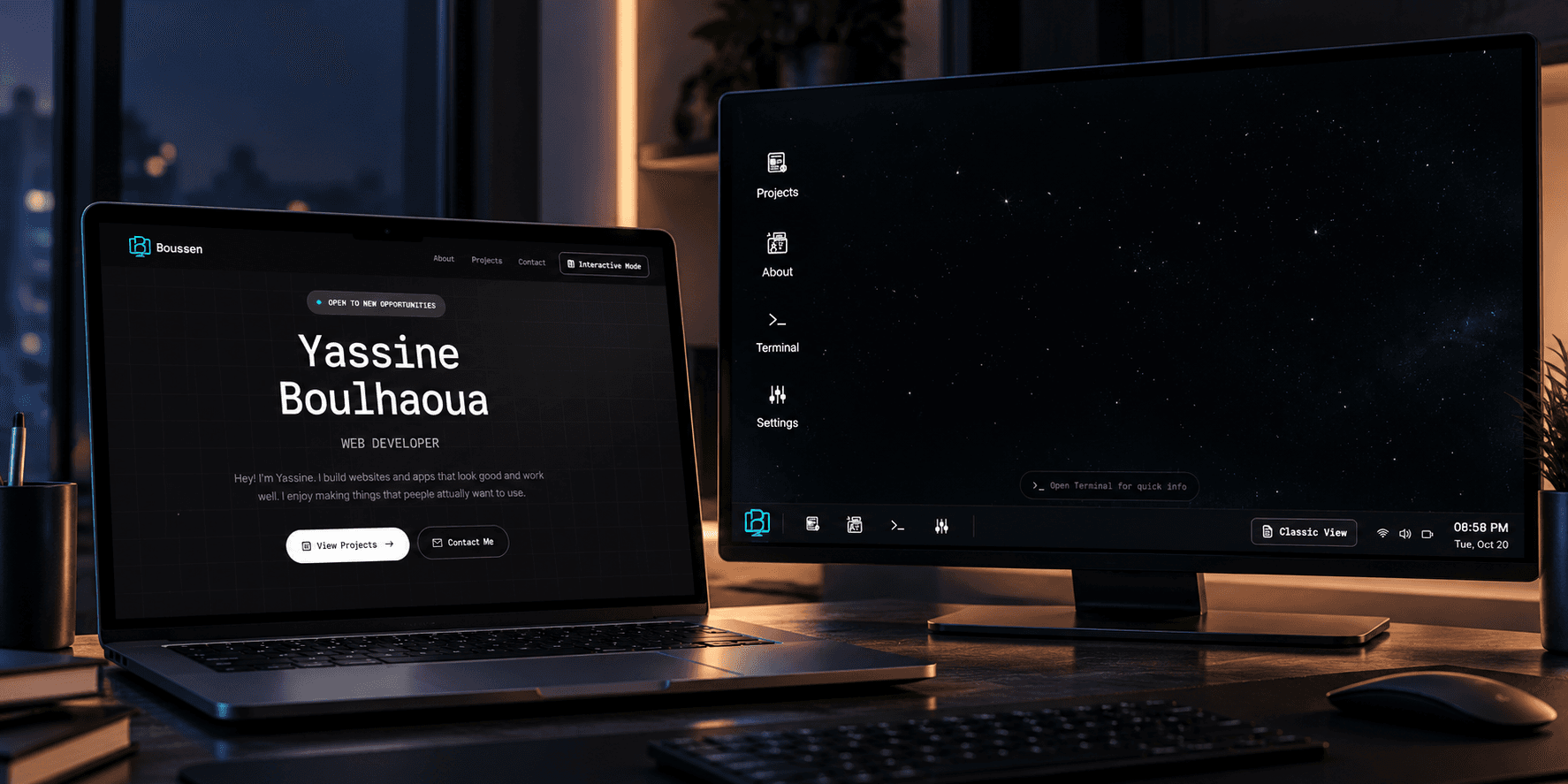 A laptop showing the Boussen Classic View portfolio beside a monitor displaying the interactive Boussen OS desktop, with its application icons and Classic View button.
